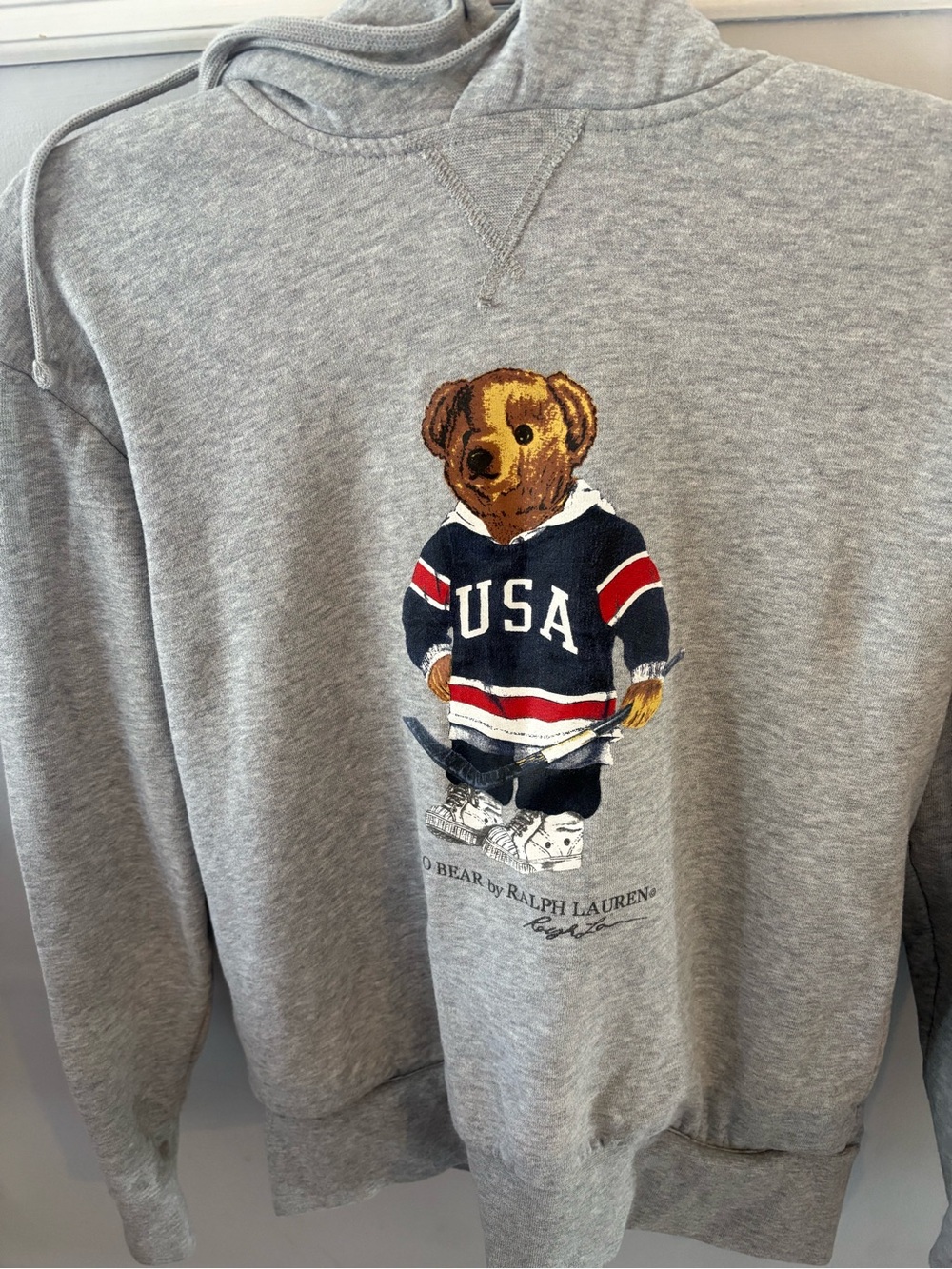 Ralph Lauren Gray Bear Crewneck Sweatshirt with Navy USA Graphic